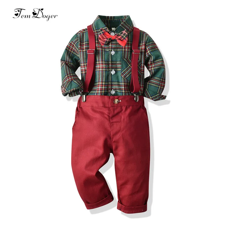 

Tem Doger Baby Boy Clothing Sets Autumn Infant Newborn Boy Clothes Long Sleeve Plaid Shirts+Overalls 2PCS Outfits Bebes Clothing