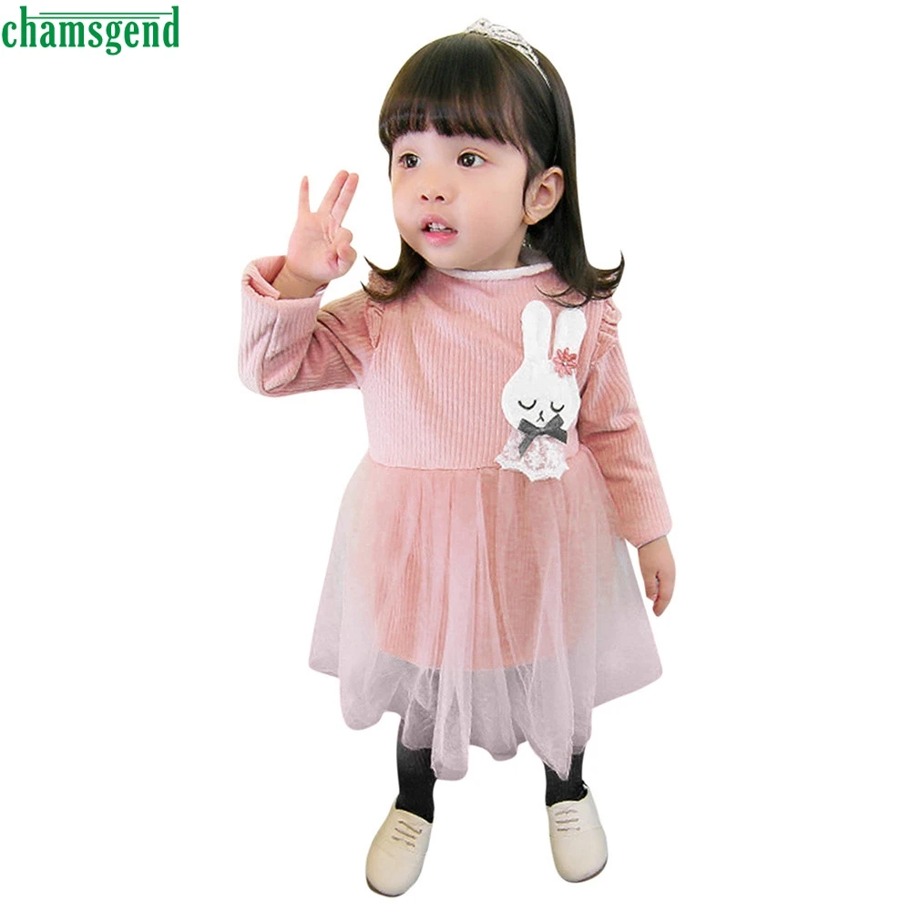 

CHAMSGEND Toddler Infant Baby Girls Long Sleeve Bunny Splice Dress Yarn Tutu Sundress JAN26 P30 dorp shipping