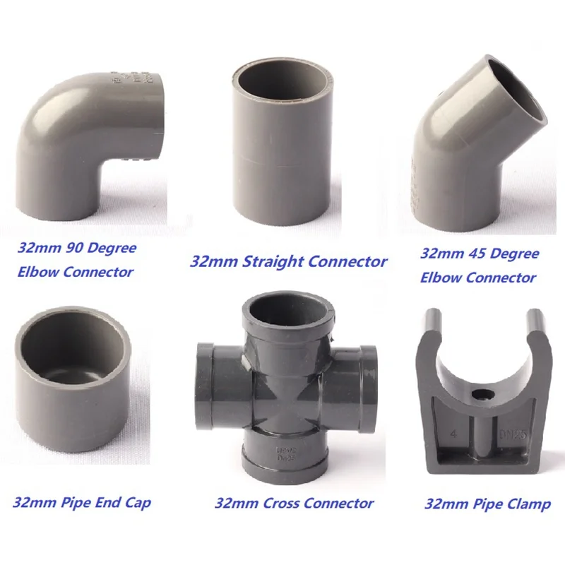 

32mm Water Pipe Series PVC Connector Fittings Garden Elbow Straight Cross Connector Gray Plastic Irrigation Tube Coupling Joints