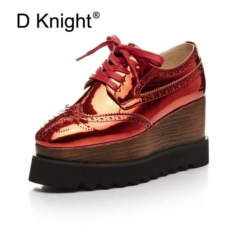 

Mirror Patent Leather Womes Pumps Square Toe Lady Platform High Heels Brogues Shoes College Casual Wedegs Oxford Shoes For Woman