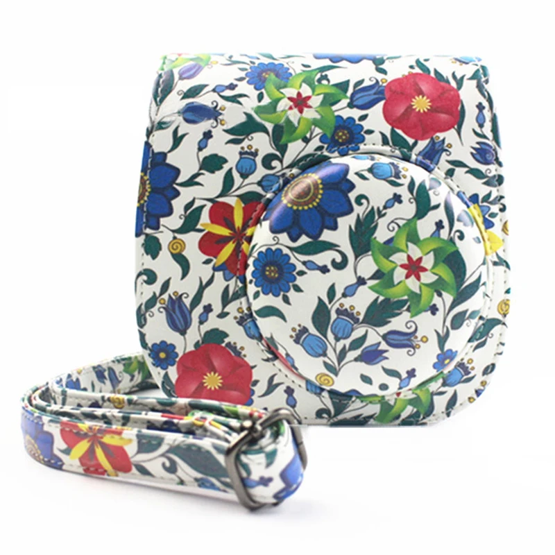 

Roadfisher Floral Flower Leather Photo Camera Bag Insert Case Sheath Belt Strap For Fuji Polaroid Instax Mini 8 Fujiflim Mini8