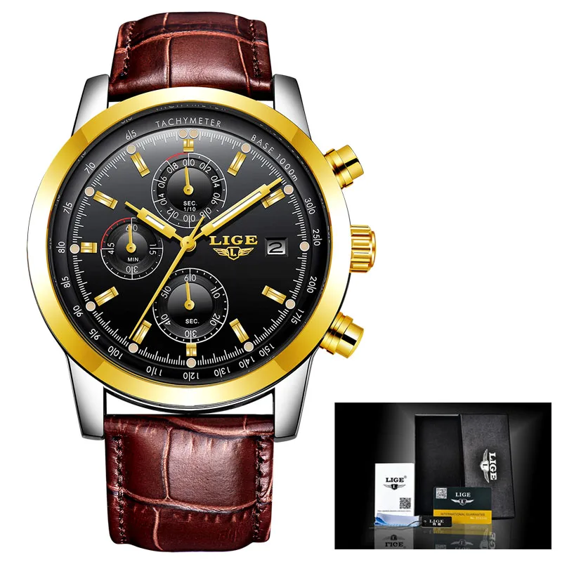 Reloj Hombre LIGE New Watches Mens Top Luxury Brand Chronograph Sport Man Watch For Men Military Leather Clock Quartz Wristwatch - Цвет: Gold black