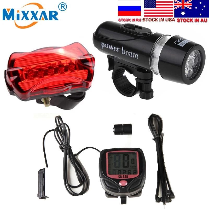 دروبشيبينغ 5 LED الدراجة الدراجات ضوء رئيس والخلفية ضوء المصباح دراجة عداد السرعة الكمبيوتر و دراجة جرس الاكسسوارات مجموعة
