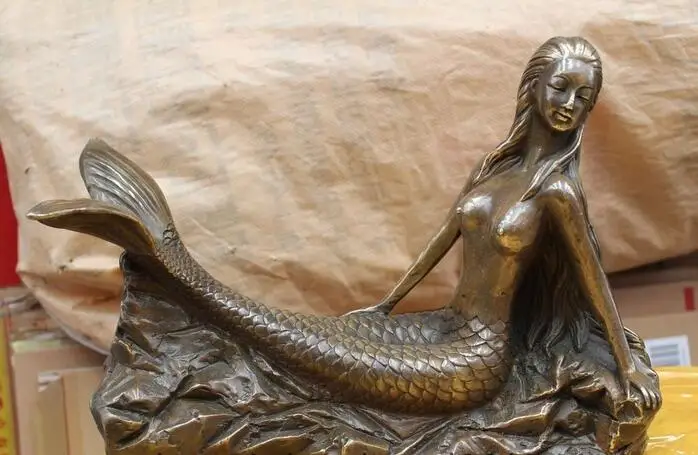 

free 10"Large Denmark Bronze Art sculpture Nude Mermaid sea-maid princess of the Sea fast