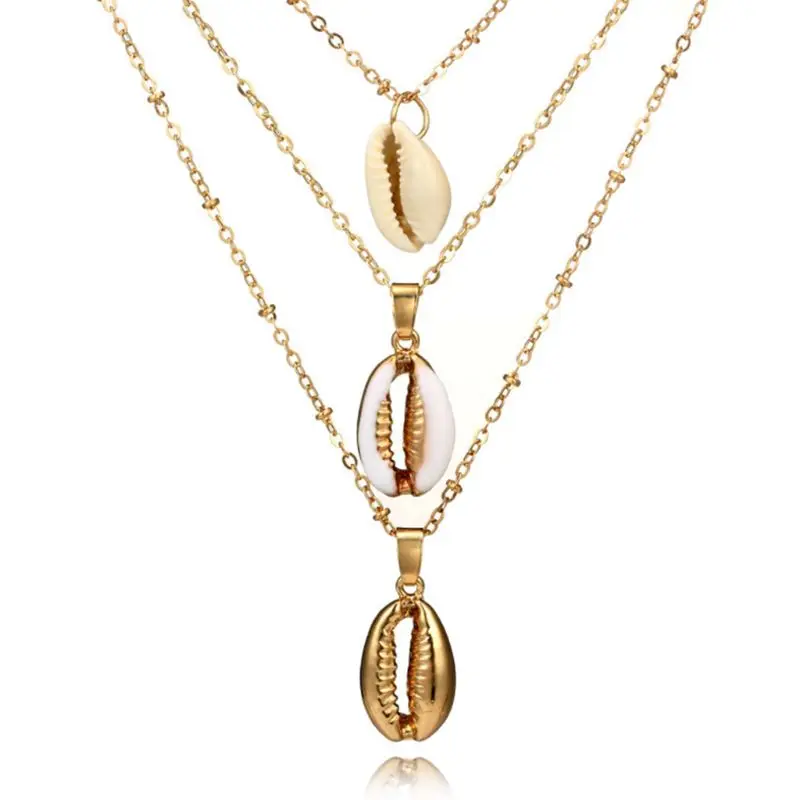 

Jewelry Necklace 3 Layer Fashion Shell Golden Charms Women Choker Bohemia Boho Vintage Beach Party Thin Chain Pendant Adjustable