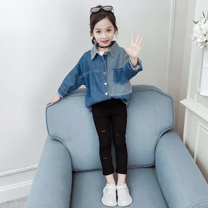 Blusas tejanas de manga larga para blusas de a rayas azules, ropa asimétrica 2019|Blusas y camisas| -