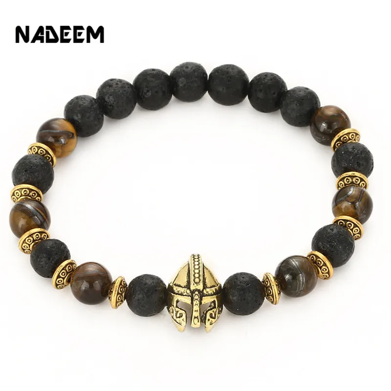 

2017 Men's Natural 8MM Tiger Eye & Lava Stone Bead Spartan Helmet and Crown Charm Elastic Yoga Bracelet & Bangle Jewelry