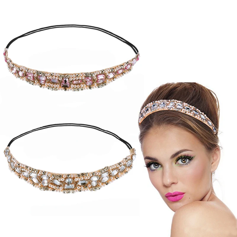 cheap Women Hair Accessories Elastic Turban Pave Rhinestone Crystal Beads Handmade Headbands Hairbands For Women Hair Ties Headwear