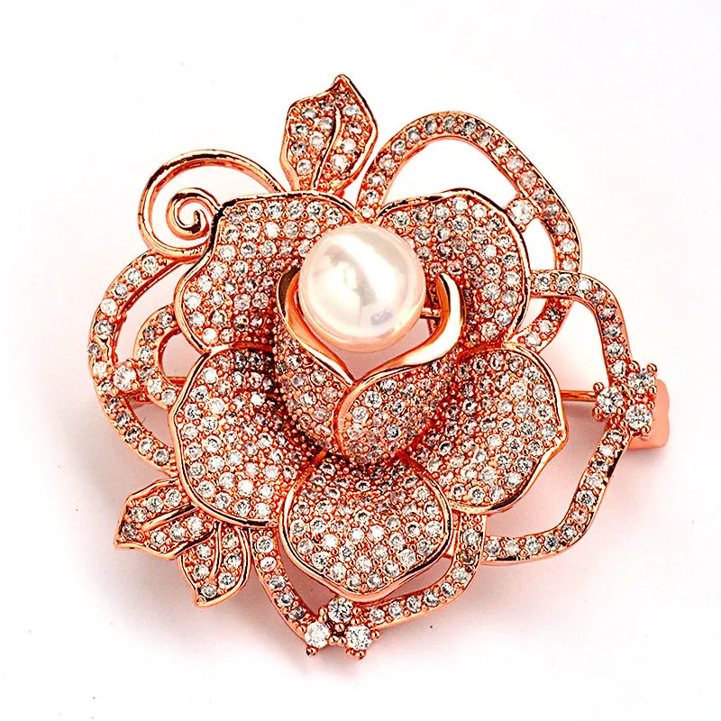 Tisvina Pear flower brooches for women Pin&Pendant Dual-use Rose gold color Red zircon Banquet Weddings Costume Jewelry Fashion Fine Jewelry