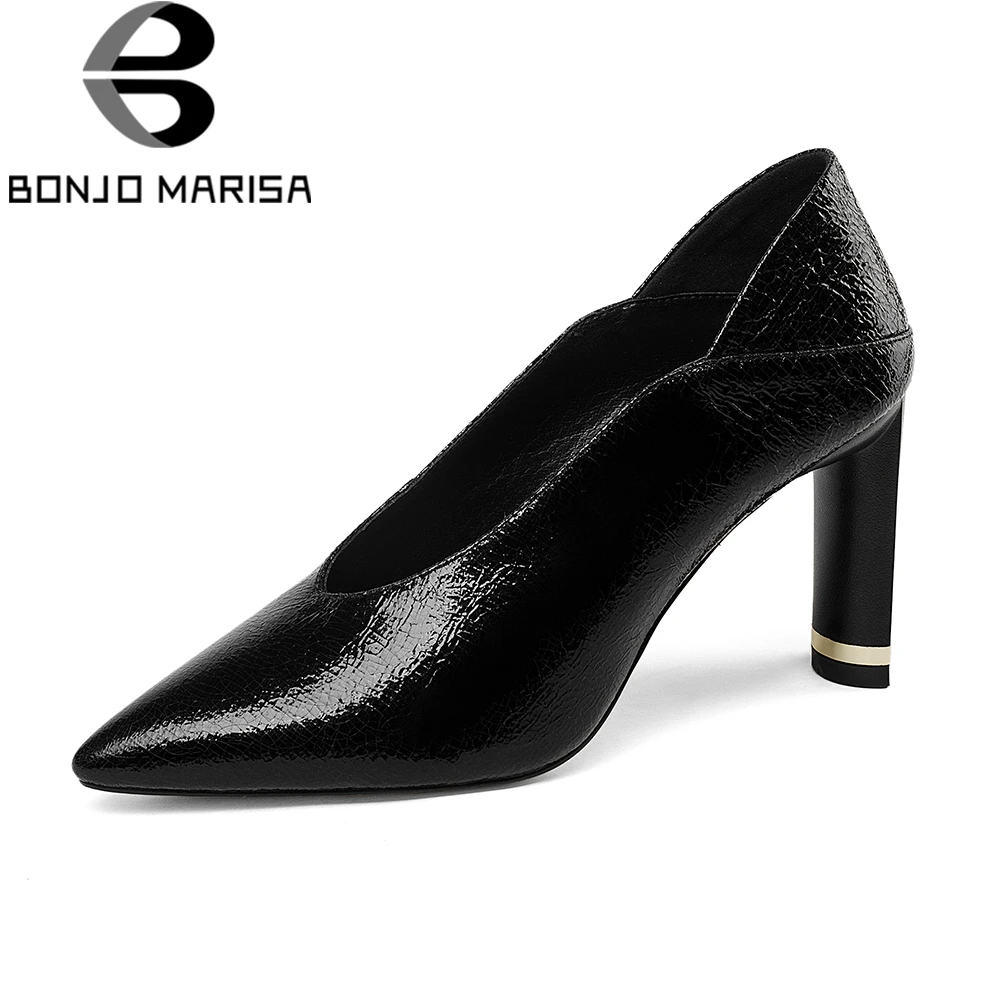 

BONJOMARISA Brand Quality Pointed Toe Pumps Women Genuine Leather Autumn slip-on Mules Ol High Heels Shoes Woman Work Shoes