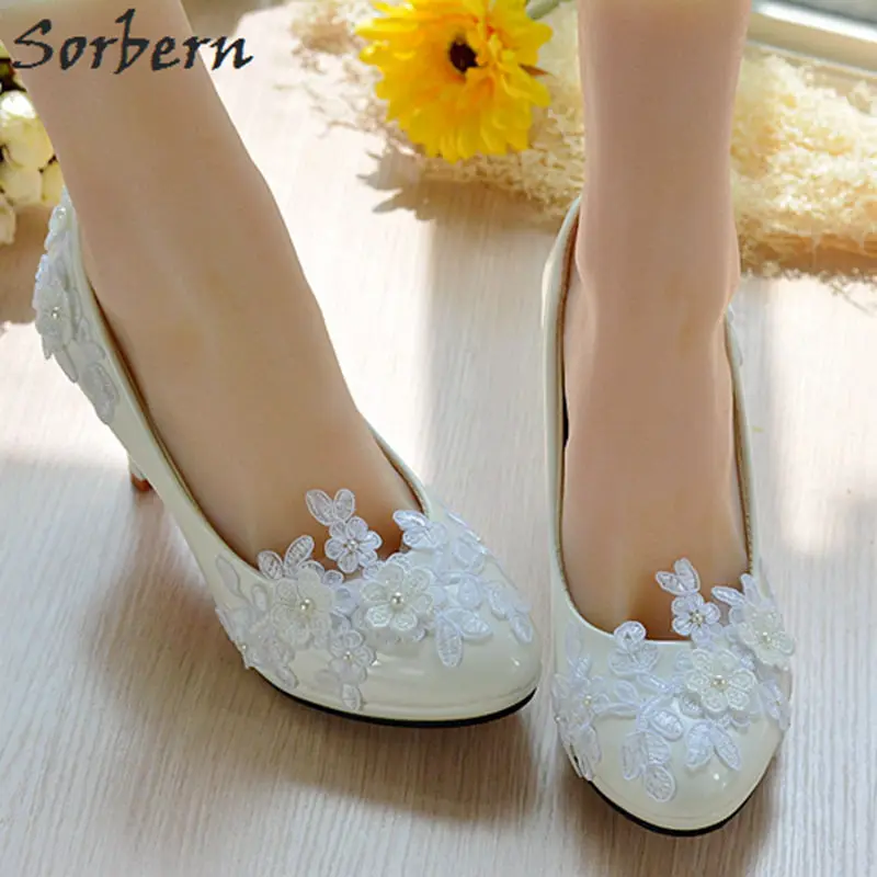 

Sorbern Women Pumps Bridal Wedding Pump Shoes Lace Appliques Beads Elegant Bridesmaid Girls Party Shoes 2018 Handmade Flower