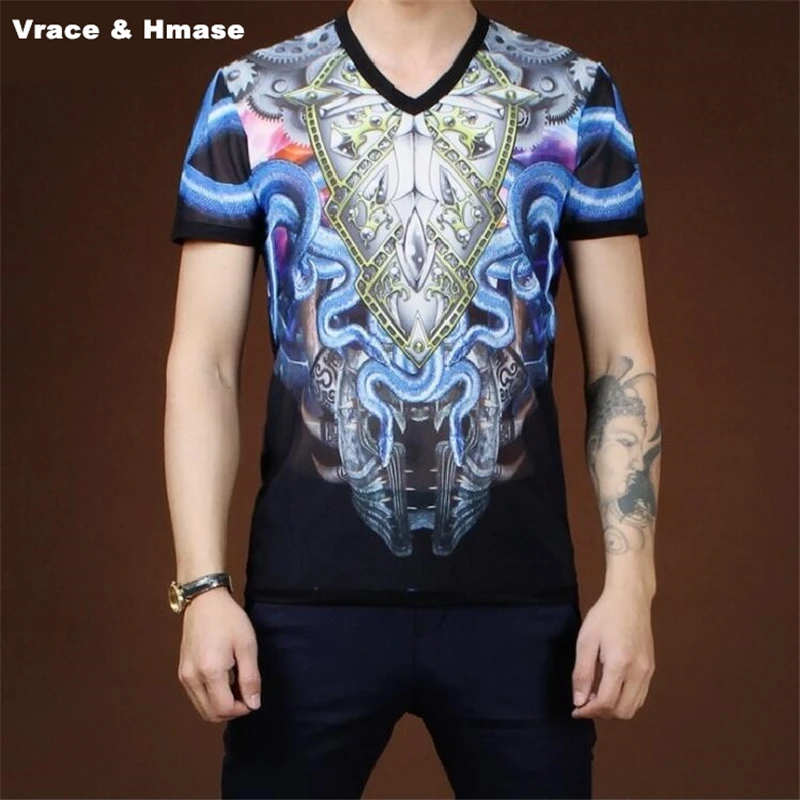 

Floral totem printing Korean style fashion slim short sleeve t-shirt Summer 2017 New stretch mesh breathable quality t shirt men