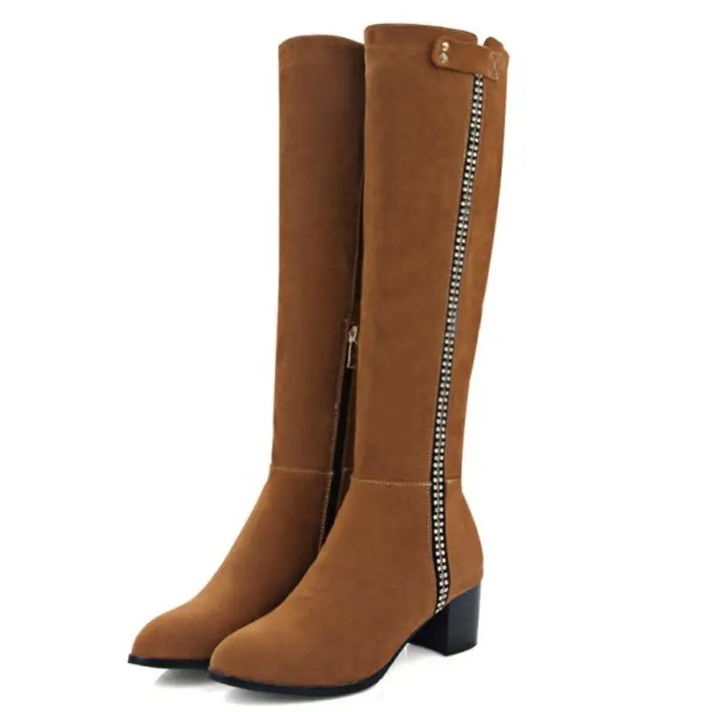 ZALAVOR/размеры 32-43; зимняя обувь; женские зимние сапоги до колена на толстом высоком каблуке; блестящие пикантные теплые сапоги с острым носком на молнии