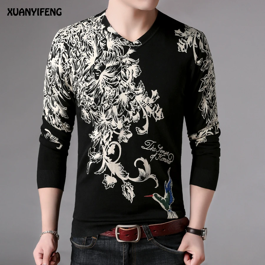 Sweater Men Brand Fashion Pullover Autumn Newest Men Sweater Male Sweater V Neck Sweaters With Bird Print Flowers Knitwear Sweater Men Brand Fashion Pullover Autumn Newest Men Sweater Male Sweater V Neck Sweaters With Bird Print Flowers Knitwear