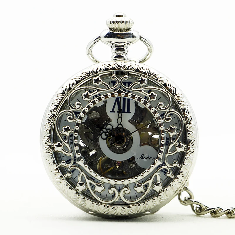 

Vintage Necklace Women Watch Steampunk Hollow Hand-winding Men Mechanical Pocket Watch With Fob Chain Clock PJX1183