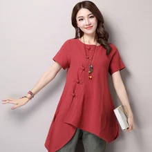 Vintage Cotton Linen Women Tops T Shirt Summer Fashion Folk-custom Stey O-neck Button Loose T-shirts Casual Short Sleeve Tees