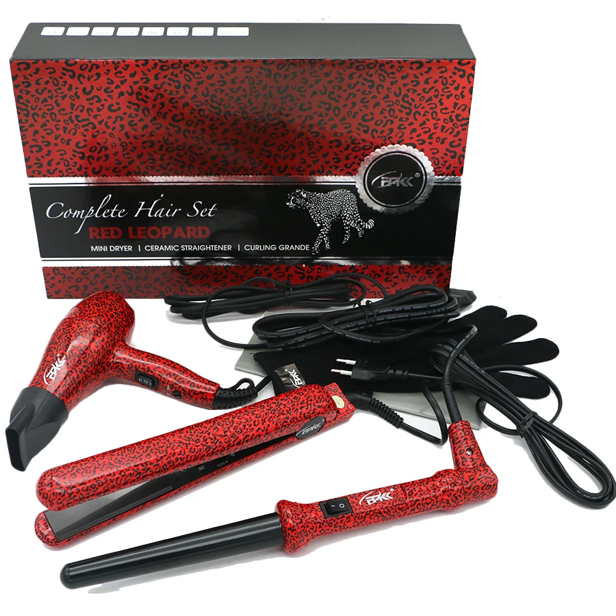 FMK Styling Tool Set Hair Straightener+Hair Dryer+Curling Iron Set Leopard 3 IN 1 Flat Irons Wand Curler Travel Hair Dryer Sets