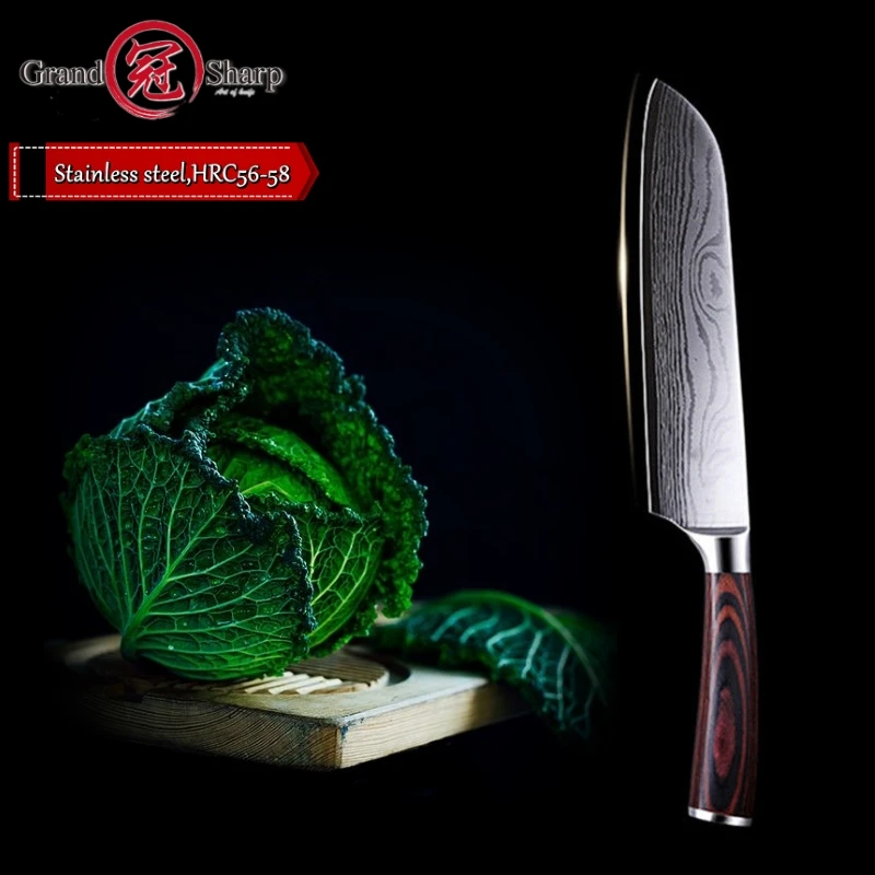 Профессиональный 7 дюймов Santoku Ножи японский, из нержавеющей стали шлифовальный станок лазерный нож с узором sharp лезвие Подарочный нож Grand sharp