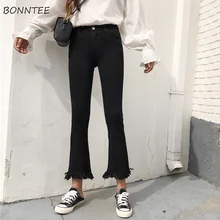 Джинсы женские эластичные тонкие рваные с высокой талией до щиколотки расклешенные брюки корейский стиль Универсальные женские на молнии Fly простой Повседневный шик