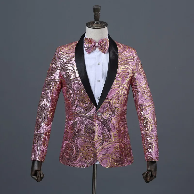 Mens Pink Gold Flower Sequins Fancy Paillette Wedding Singer Stage