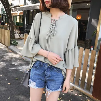

2019 Summer Women Plus Size Lace Up Loose Shirt Bow Blouses Three Quarter Office Lady Solid Flare Sleeve Top