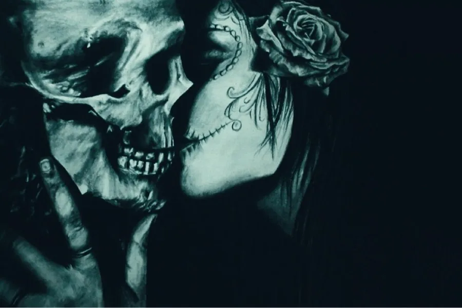 

Girl kiss skull dark kisses gothic abstract Fantasy art wall frame posters and Print Silk Fabric for home Decor