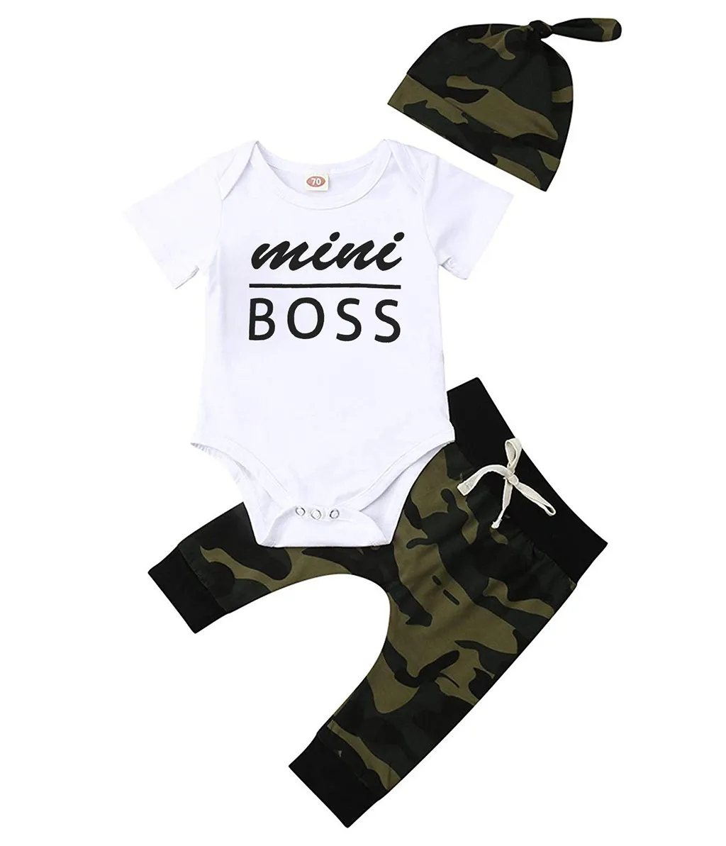 Комплект из 3 предметов, одежда для маленьких мальчиков хлопковый комбинезон с короткими рукавами и надписью «Mini Boss»+ камуфляжные штаны+ набор повязок - Цвет: Белый