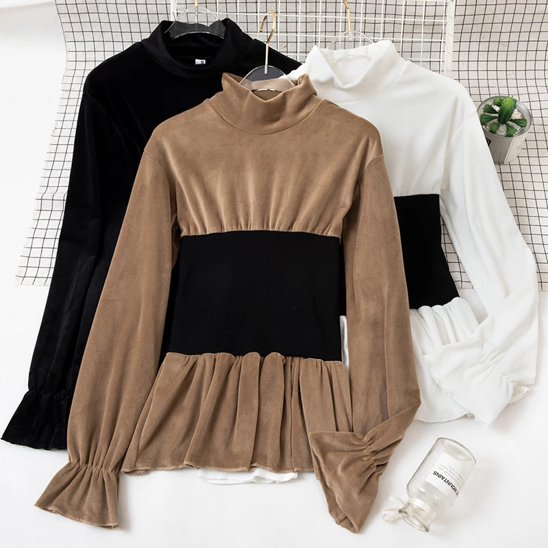 Женская футболка темперамент Тонкий воротник сшивание Поддельные Двух частей бархатная футболка женский кашемировый свитер