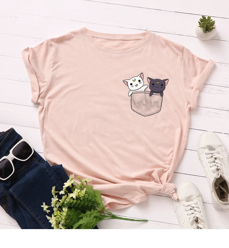 

Plus Size 5XL Short Sleeve T Shirt Women Cute Cat Pattern Women T-shirt Casual Losse O-Neck Tops Tee