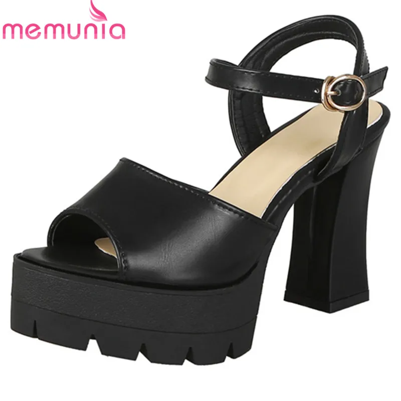 

MEMUNIA 2019 newest high heels platform shoes woman pu buckle summer shoes peep toe sexy women sandals big size 34-43 black