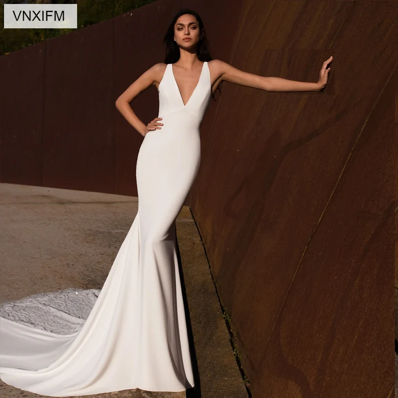 

VNXIFM 2019 Mermaid Sleeveless Boho Wedding Dresses V Neck Appliques Lace Wedding Gowns Backless Bride Dress vestido novia