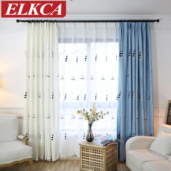 

White/Blue Sailing Boat Embroidered Curtains for Living Room Faux Linen Cartoon Curtains for Children Sheer Curtains for Bedroom