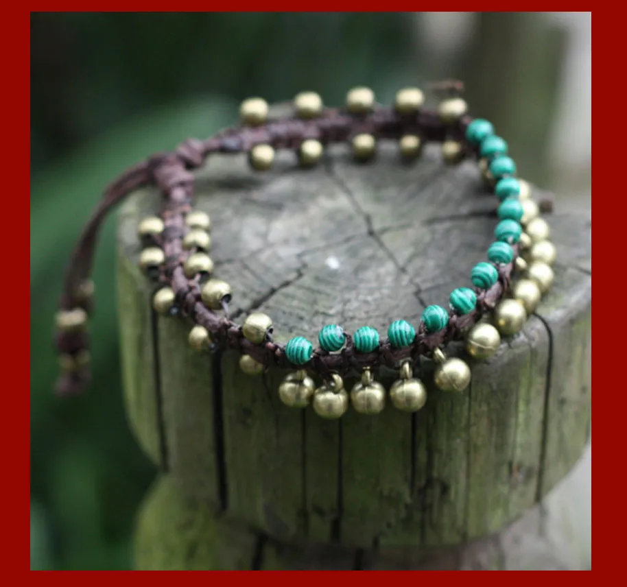 2 цвета женские камень этнических камни бисер браслеты цепи, ручной Плетеный ноги цепи, модные латунь колокол старинные браслеты