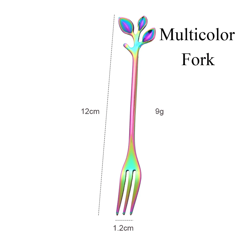 Нержавеющая сталь маленькие ветви лист узор кофе чай обеденная ложка посуда столовые приборы вилка для фруктов и десертов перемешивание ложка принадлежности для приготовления обеда - Цвет: Fork multicolor