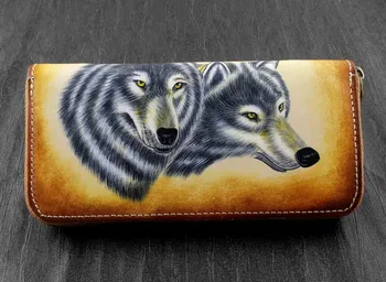 

Cool Handmade Mens Real Leather Zipper Wallet Hand-drawn Wolf Tatto