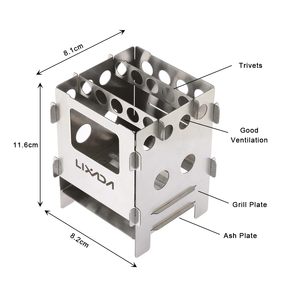 Lixada Portable Stainless Steel Lightweight Folding Wood Stove Pocket Stove Outdoor Camping Cooking Picnic Backpacking Stove