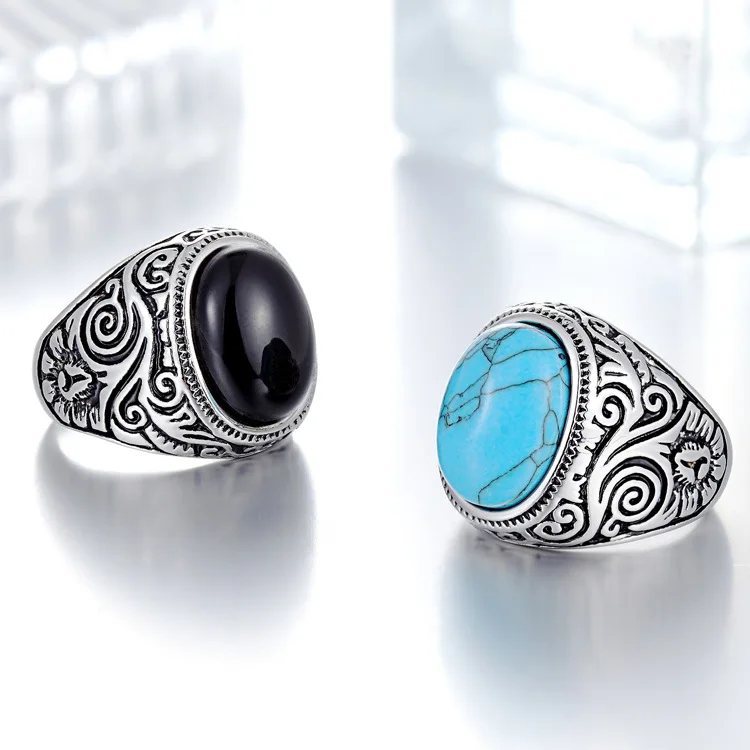 

Turquoises Rings for Men Punk Style 316L Stainless Steel Signet Rings Male Vintage Jewelry