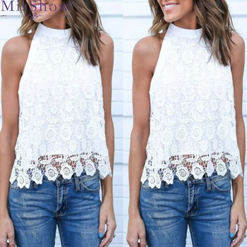 

Women 2019 New Halter Lace Tee Tops Short Tee Summer Casual Solid Top Elegant Young Girls Tanks Sleeveless Strap Crop Top