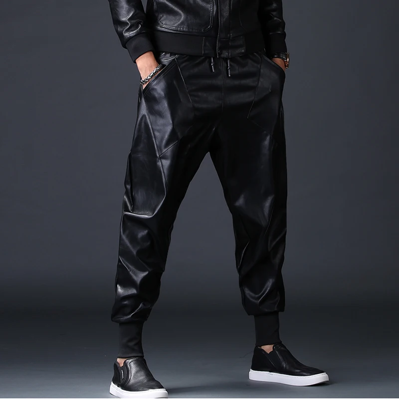 joggers sweatpants New Fashion Men Punk Moto PU Faux Leather Joggers Casual Harem Pants Drop Crotch Street Dance DJ Rock Night Club Trouser M-2XL genie pants