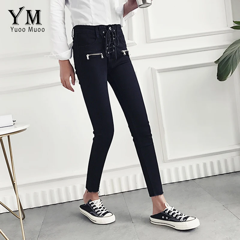 YuooMuoo, новые модные дизайнерские джинсы на молнии для женщин, обтягивающие джинсы с высокой талией, женские черные штаны на завязках спереди, женские брюки