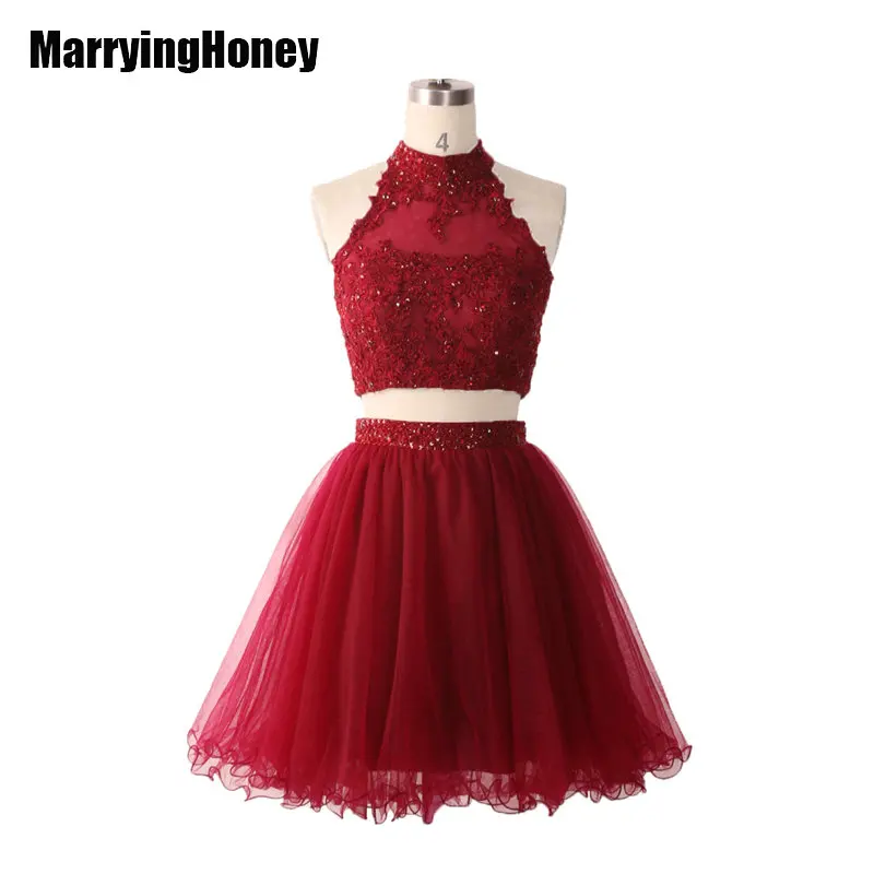 

2017 Beaded Two Piece Homecoming Dresses Short Prom Ball Gown Ruffled Tulle Crystal Mini Cocktail Graduation Party Dress