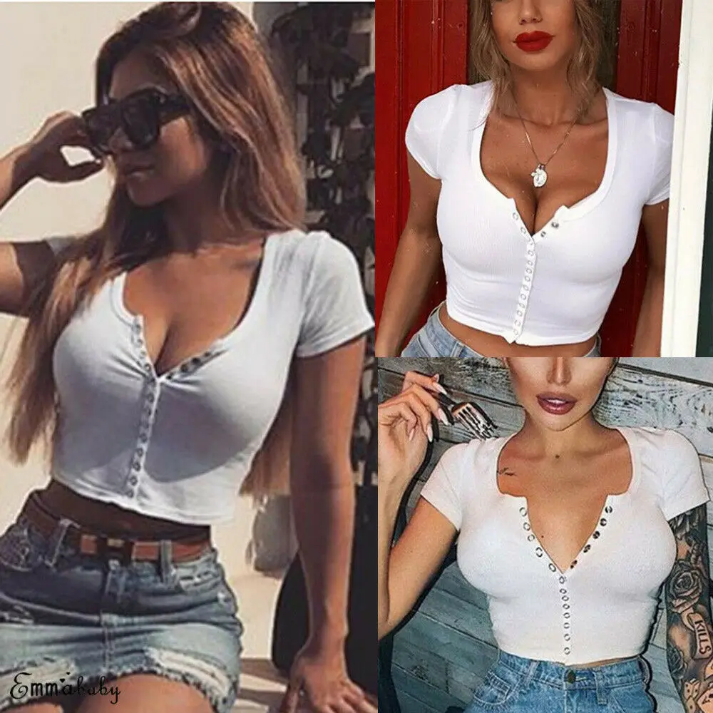 

Hot Summer Women's Casual Tops Short Sleeve Crew Neck Hipster T-Shirt Ladies Crop Button Solid Unique Sexy Fashion Clothes