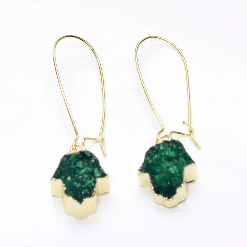 

Trendy-beads New Stylish Light Yellow Gold Color Rock Crystal Dyed Green Hamsa Hand of Fatima Dangle Earrings For Women
