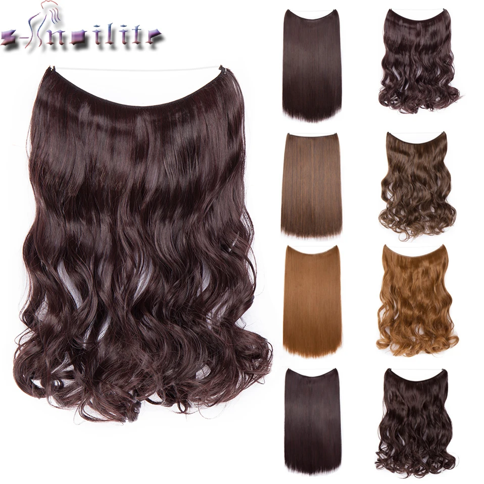 

S-noilite 20" Fish Line Hair Extensions Natural No Clips In One Piece Hair Extensions Long Synthetic Hairpiece