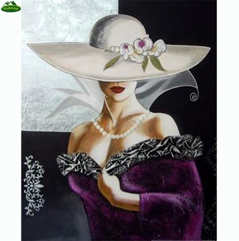 

Diamond Painting Elegant Hat Woman Purple Dress Beauty Crystal Set for Embroidery Cross Stitch Mosaic Home & Living Decal