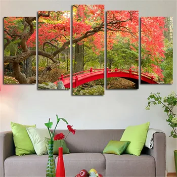 

2017 New Arrived 5Panels Wall Art Pictures Hanging Autumn Bridge Leaves Landscape Canvas Prints Printed Paintings Home Decor