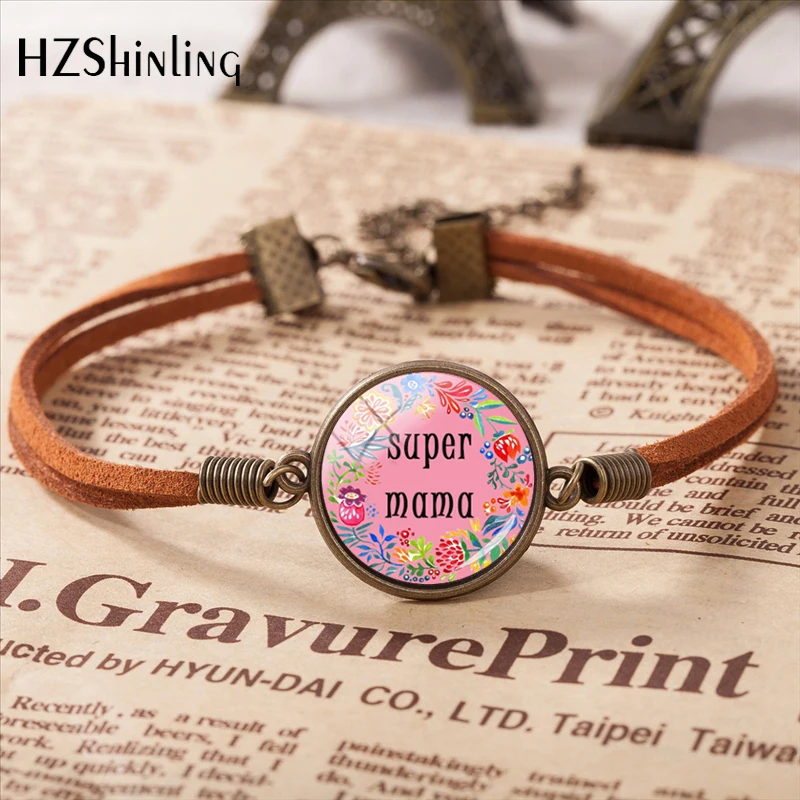 

2019 Fashion Super Mama Leather Bracelet Glass Round Charm I Love Mum Queto Pendant Fashion Jewelry