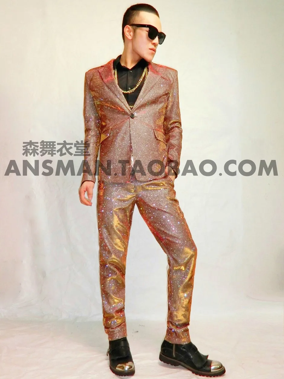 

New men's champagne gold suit dress night wear singer dancer stage wear party show