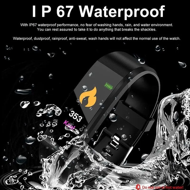 Waterproof Smart Bracelet Watch 115 Plus Blood Pressure Monitoring Heart Rate Monitoring Smart Wristband Fitness Band W