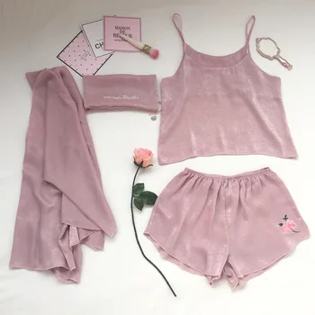 

yomrzl A445 New arrival summer women's pajama set 4 piece sleep set rose embroidery sleepwear indoor clothes